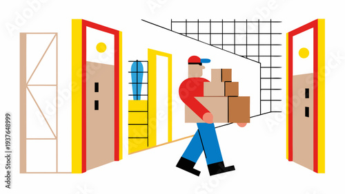Delivery person carrying boxes through open warehouse doors logistics and transportation concept