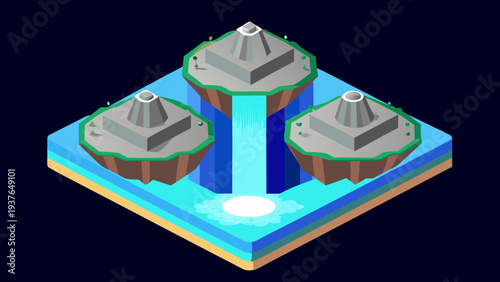Futuristic floating island cluster with towering structures on a blue platform sci fi landscape with gray spires and green outlines abstract 3d illustration