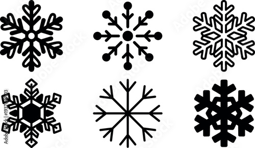 Flat design grid of six distinct black snowflake icons centered on white background close up clean minimalist winter symbols set