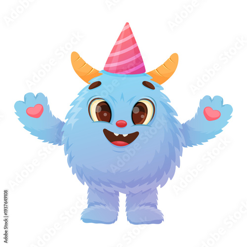 Blue Furry Monster Wearing Party Hat With Small Orange Horns, Heartshaped Palms, Wide Smiling Eyes, Fluffy