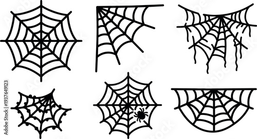 Hand drawn line art spider web icons set six variations corner and circular webs with dangling threads and small spider