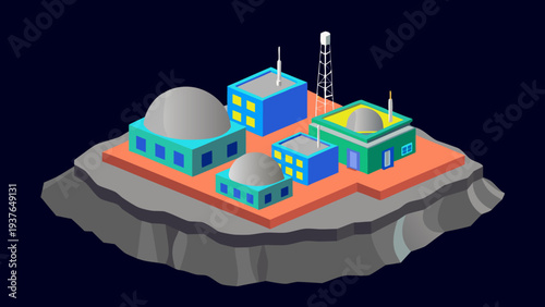 Futuristic space colony city on a floating rock with modern buildings and tower