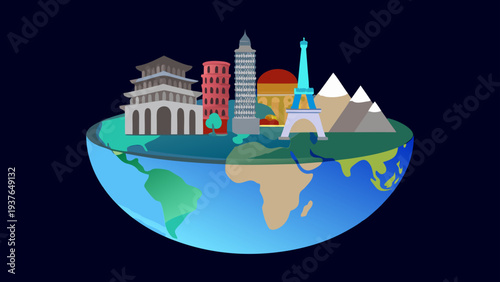 Floating world with landmarks and monuments on globe vector illustration for travel and tourism concepts