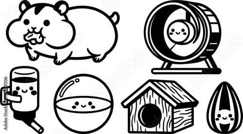 Line art kawaii vector set showing chubby hamster eating close up with wheel house water bottle and smiling seed toy