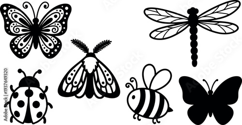 Flat design decorative insect icon set six silhouettes butterfly dragonfly ladybug moth bee simple isolated black vector minimalist lineart collection