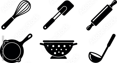 Flat design kitchen utensil icon set whisk spatula rolling pin frying pan colander ladle black silhouettes on white simple vector
