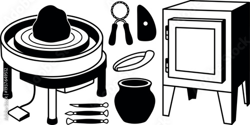 Line art close up pottery wheel with clay mound potter tools kiln shaping ring hand view low angle studio workspace