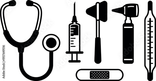 Flat design front view medical instrument icons stethoscope syringe reflex hammer otoscope thermometer adhesive bandage black silhouettes minimalist line art