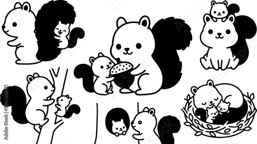 Line art cute squirrel family feeding a baby squirrel with acorn close up set of vector icons playful nursery illustration