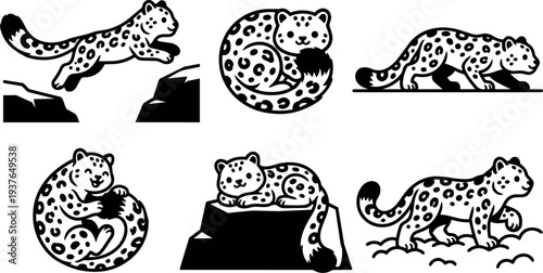 Line art playful snow leopard icons showing leaping curled and stalking poses on rock and snow in bold contrast vector