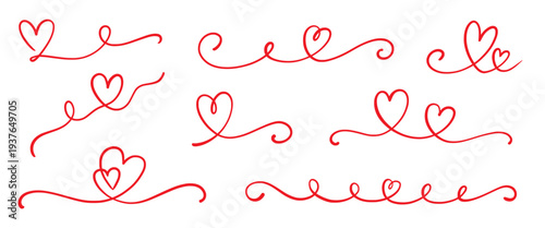Heart line love set. Heart line outline swirl ribbon calligraphy hand drawn red element design wedding graphic vector. Romantic doodle brush flourish elegant border love shapes. Vector illustration