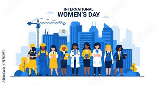 International women's day celebration with diverse professionals in front of city skyline