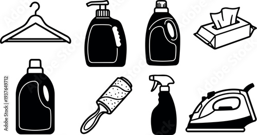 Minimalist line art overhead set of household cleaning icons detergent bottles iron hanger lint roller tissue box spray dispenser vector