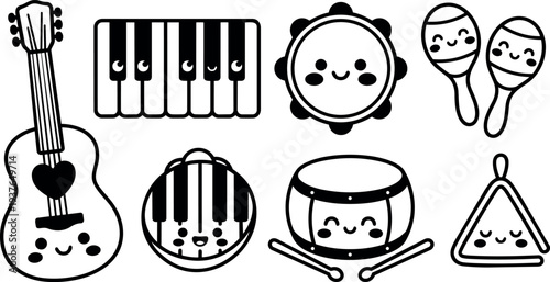 Kawaii line art close up smiling music instrument icons guitar keyboard tambourine maracas drum triangle on white background playful minimal