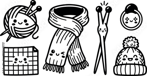 Line art kawaii knitting icons set with smiling yarn ball scarf and hat and knitting needles close up flat vector