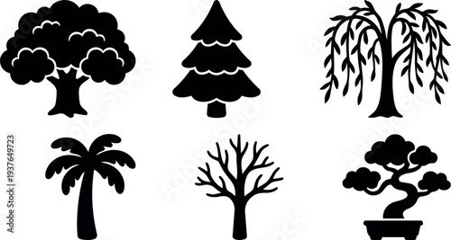 Flat design tree icon set six silhouettes of oak pine willow palm bare bonsai in black vector simple minimal icons