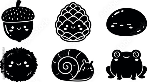 Kawaii flat vector silhouette acorn pinecone pebble fluffy pom pom snail frog icons smiling front view minimal bold monochrome set