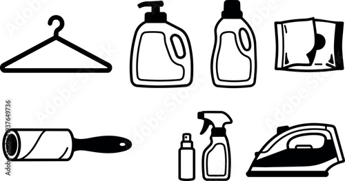 Flat design black and white laundry icon set showing hanger detergent bottles lint roller spray bottle and iron in row