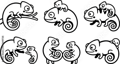 Line art cute chameleon parent and baby close up curled tails hugging on branch vector icon set playful black outline