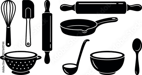 Flat design kitchen utensils set with whisk spatula rolling pin frying pan colander ladle bowl spoon black silhouettes isolated top view