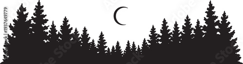 Silhouette vector of evergreen pine forest with crescent moon at night