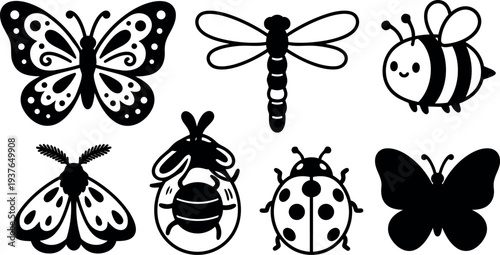 Flat vector insect icon set eight silhouettes including butterfly dragonfly bee ladybug moth grinning bumblebee simple composition isolated black