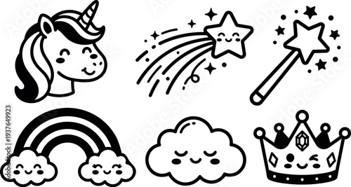 Cute line art kawaii icon set of smiling unicorn shooting star magic wand rainbow cloud and crown cute face outline