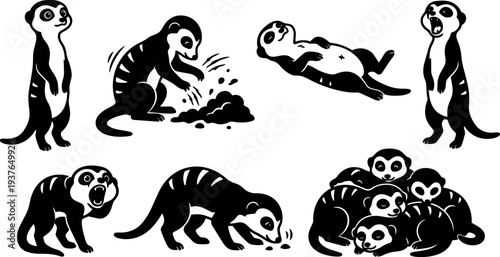 Line art playful meerkat group showing digging yawning standing crawling and cuddling poses high contrast vector silhouette black white bold