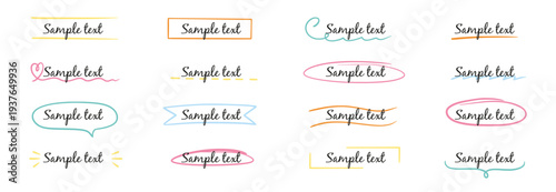 Frame box text hand drawn title set. Box text ribbon banner highlight underline handwriting doodle pen background. Simple cute vintage border ornament tag, marker sketch headline. Vector illustration