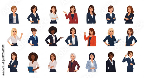 Diverse group of professional businesswomen in various poses and outfits conveying confidence and empowerment in a modern corporate setting with different skin tones
