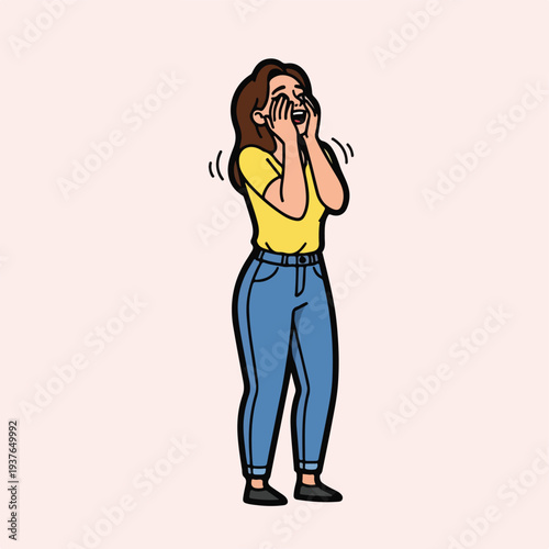 Young Woman Covering Her Face with Hands in Surprise or Embarrassment