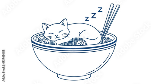 A white cat peacefully sleeping in a bowl of noodles with chopsticks