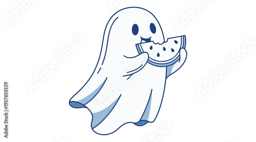 A cute cartoon ghost holding a white cat in a playful and spooky illustration