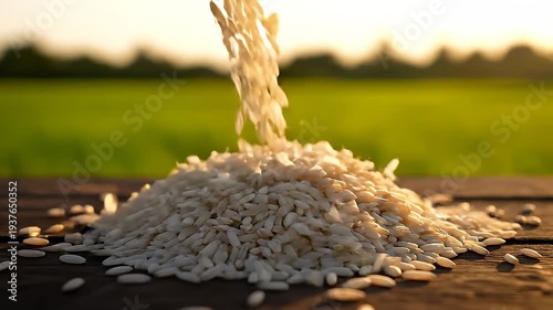 Golden rice pouring onto rustic wooden table in serene green field at sunset