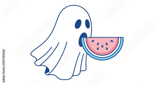 A cartoon ghost enjoying a refreshing slice of watermelon on a spooky summer day with a sweet and playful atmosphere and friendly vibe