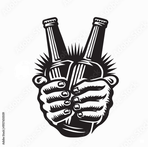 Hands Holding Beer Bottles Cheers Celebration Logo Vector Illustration
