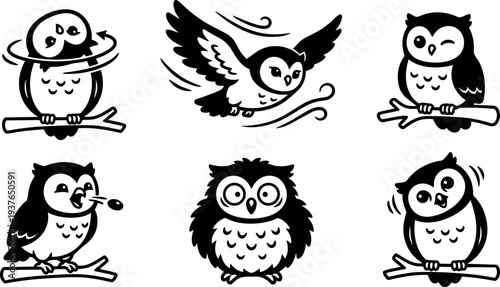 Line art cartoon owl icon set showing six expressive owls on branches and in flight with playful cute varied poses