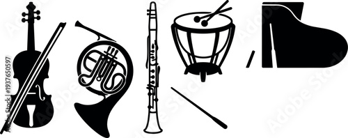 Flat design orchestral instrument silhouettes left to right violin with bow french horn clarinet timpani baton and grand piano detailed