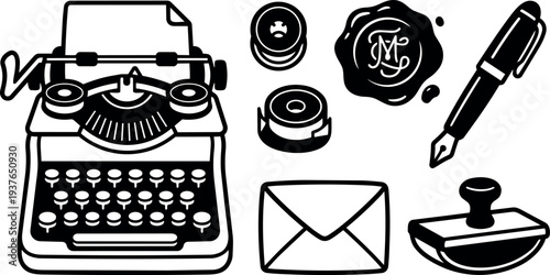 Vintage line art typewriter and correspondence set with fountain pen wax seal envelope postal stamps close up black and white