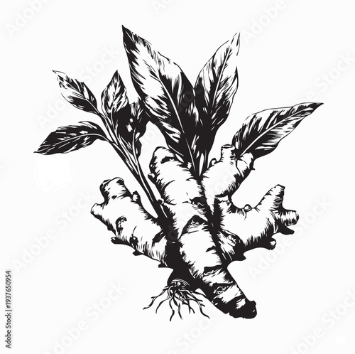 Fresh Galangal Roots with Leaves Vector Illustration On White Background