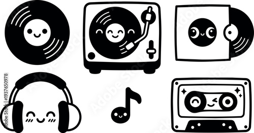 Line art kawaii music icons smiling records turntable headphones cassette and note close up vector flat design black white cute