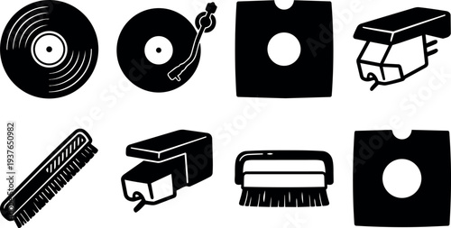 Flat design black record and sleeve icon set showing turntable stylus and cleaning brush close up on white vector background