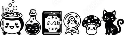 Kawaii line art cauldron potion book crystal ball mushroom and winking black cat vector icon set in flat playful style
