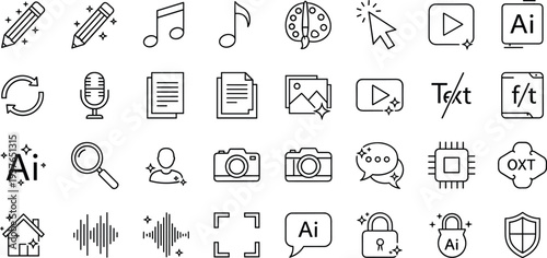 Artificial Intelligence Content Generation Icon Set Featuring Music Video Text Search Chip Technology and Cad Drawing Flat Vector Illustration Silhouette