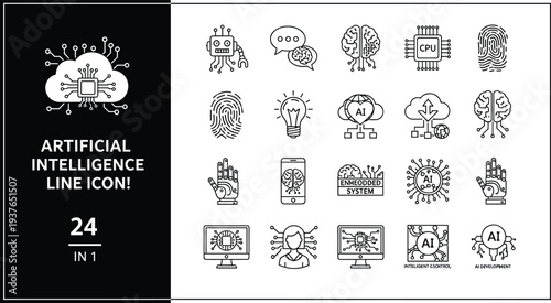 Artificial intelligence icons set, machine learning symbols, digital brain, cloud computing, neural network, robotic automation, tech innovation, data science, cad drawing flat vector illustration.