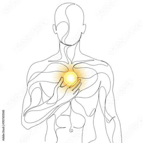 Human Energy Metabolism Icon with Stylized Silhouette and Glowing Sun, Continuous Line Art Vector of Vitality and Sustainable Wellness Power Symbol
