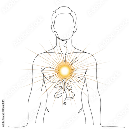 Human Energy Metabolism Icon with Stylized Silhouette and Glowing Sun, Continuous Line Art Vector of Vitality and Sustainable Wellness Power Symbol