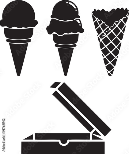 Delicious cartoon ice cream set featuring a sweet collection of frozen vanilla, chocolate, and strawberry flavors in cold summer cones as a vector dessert illustration