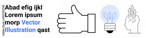 Business innovation, idea generation, sustainable growth, approval, leadership, creative solutions. Thumbs-up symbol, a light bulb with sprouts and a head with arrows. Business innovation and idea