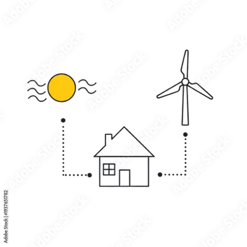 Smart Grid Energy Network Icon with House Sun and Wind Turbine, Minimalist Vector Line Art of Sustainable Power Grid and Renewable Energy Connectivity